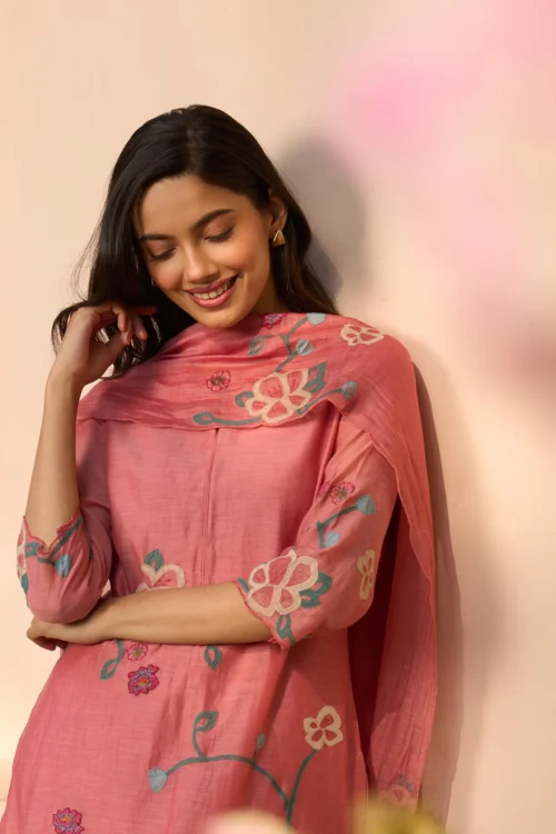 Pink Cotton Floral Kurta