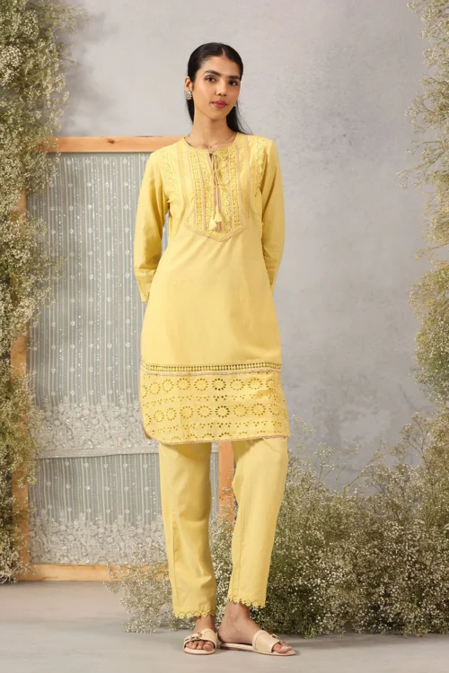 Yellow Textured Kurta Set