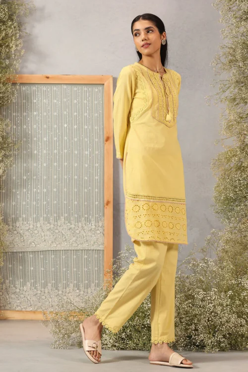 Yellow Textured Kurta Set