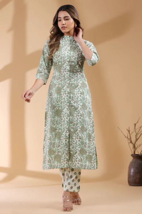 Cream Floral Cotton Kurta