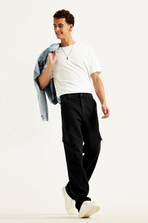 Men's Black Loose Straight Fit Cargo Trousers | Relaxed Fit | Streetwear Style
