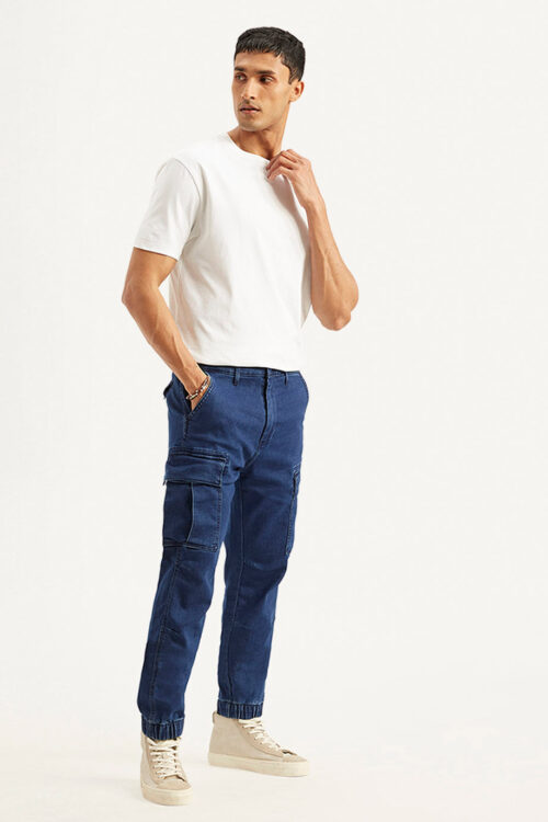 Men's Dark Blue Tapered Fit Utility Cargo Joggers | Casual Athleisure