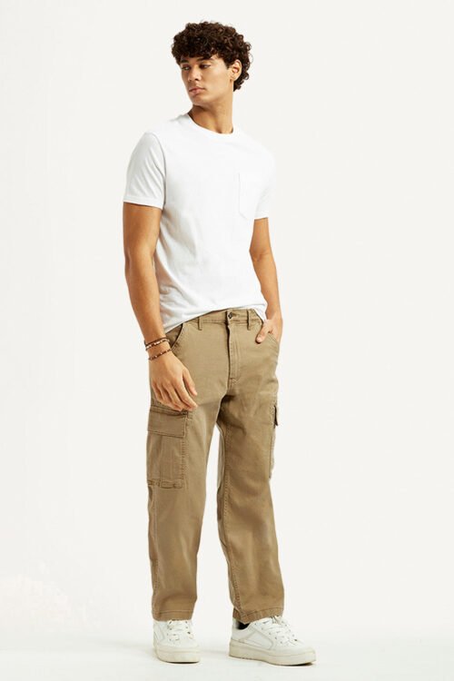 Men's Khaki Overdyed Tapered Fit Mid Rise Cargo Trousers | Utility Style