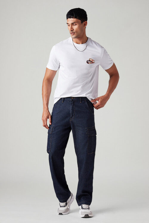 Men's Dark Blue Loose Fit Mid Rise Cargo Trousers | Relaxed Utility Wear