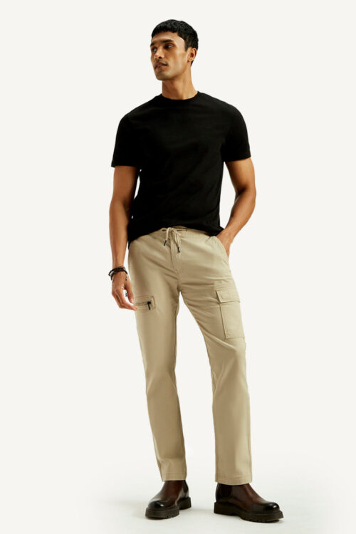 Men's Beige Slim Fit Mid Rise Cargo Trousers | Casual Wear