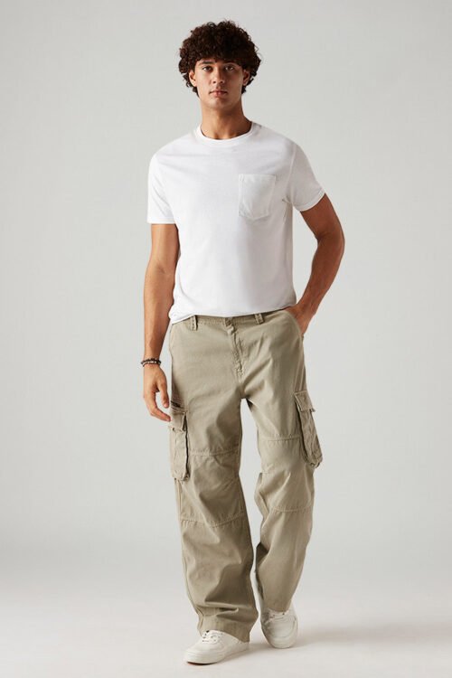 Men's Beige Baggy Fit Mid Rise Cargo Trousers | Relaxed Street Style
