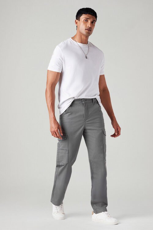 Men's Grey Straight Fit Mid Rise Cargo Trousers | Utility Casual Wear