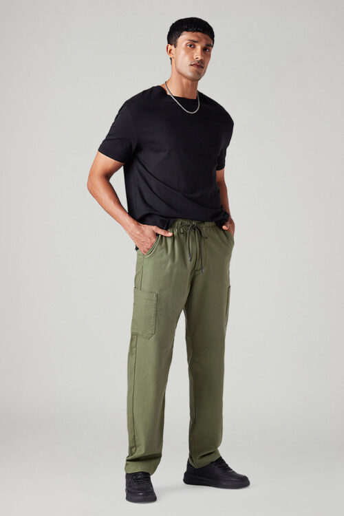 Men's Olive Relaxed Tapered Fit Mid Rise Linen Cargo Trousers | Summer Wear