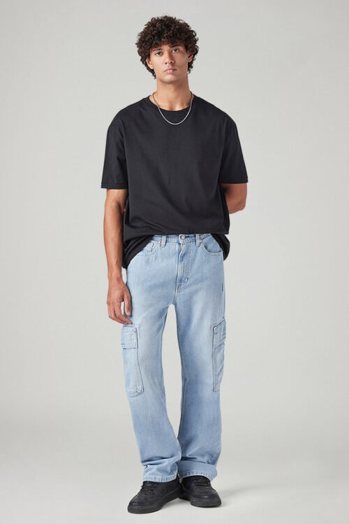 Men's Light Blue Loose Fit Mid Rise Cargo Trousers | Casual Utility
