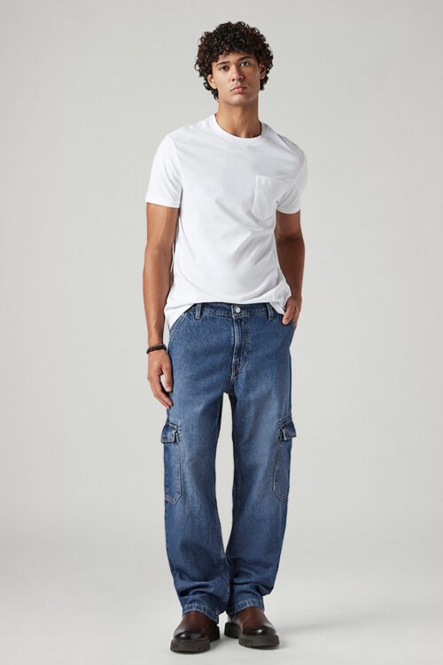 Men's Blue Loose Fit Mid Rise Cargo Trousers | Relaxed Utility Wear