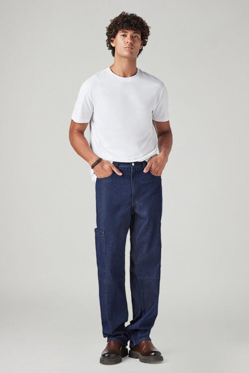 Men's Dark Blue Loose Fit Mid Rise Cargo Trousers | Utility Casual Wear