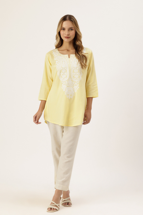 Yellow Embroidered Ethnic Tunic with Traditional Finish