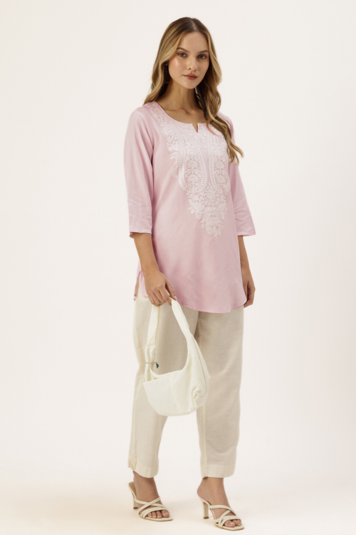 Pink Embroidered Ethnic Tunic with Elegant Detailing
