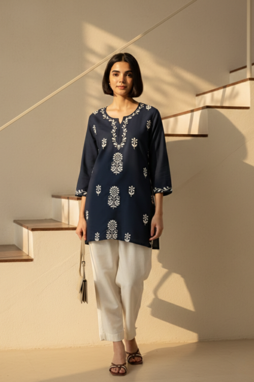 Blue Floral Embroidered Traditional Tunic