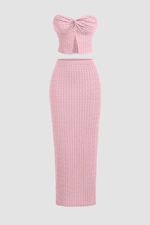 Baby Pink Strapless Top Fitted Skirt Co-Ord Set Cute Party Wear