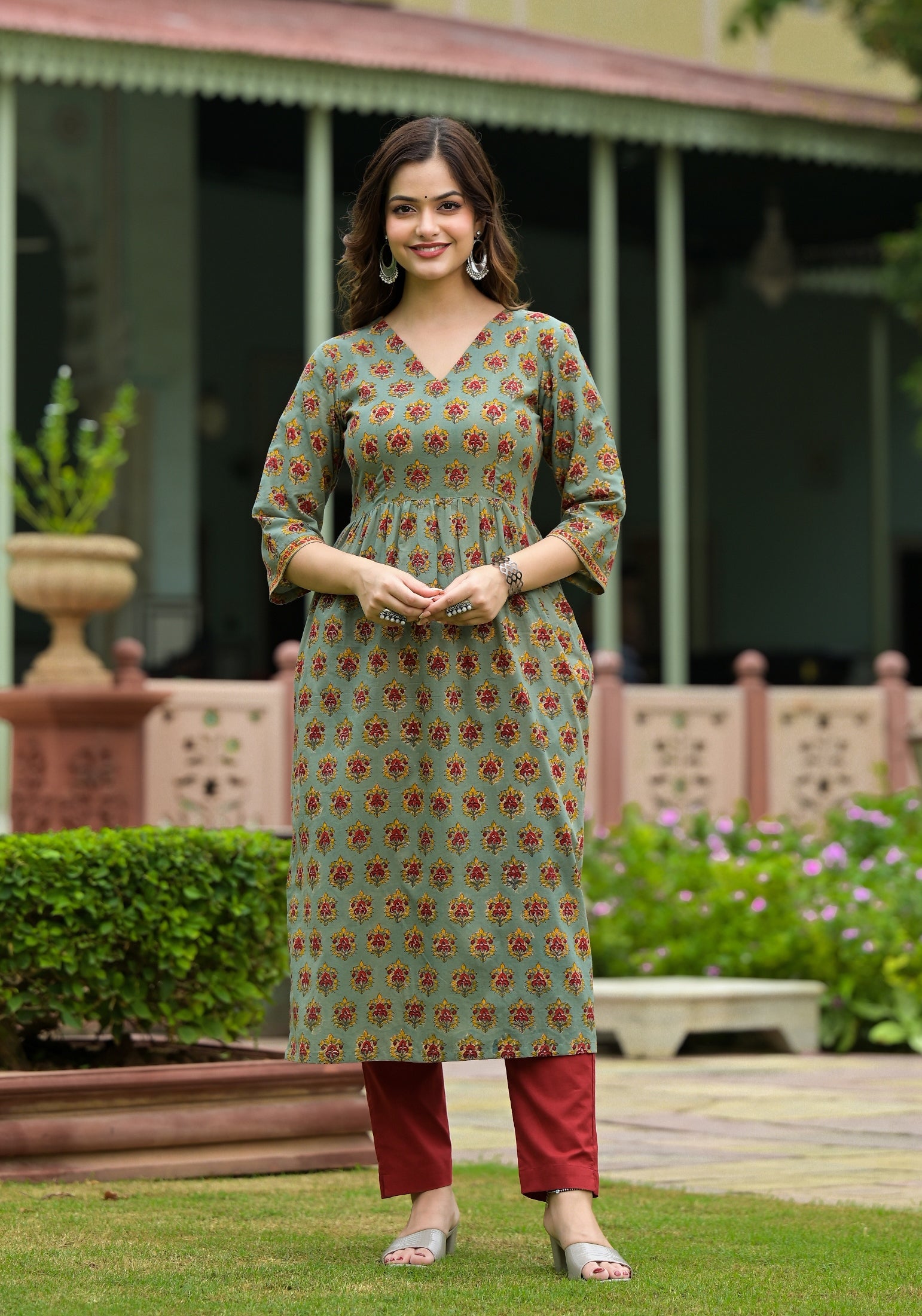 Green Hand Block Buti Print Cotton Kurta for Women Ethnic Wear