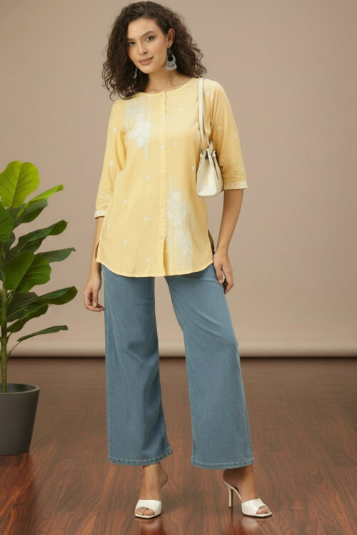 Yellow Floral Embroidered Ethnic Tunic