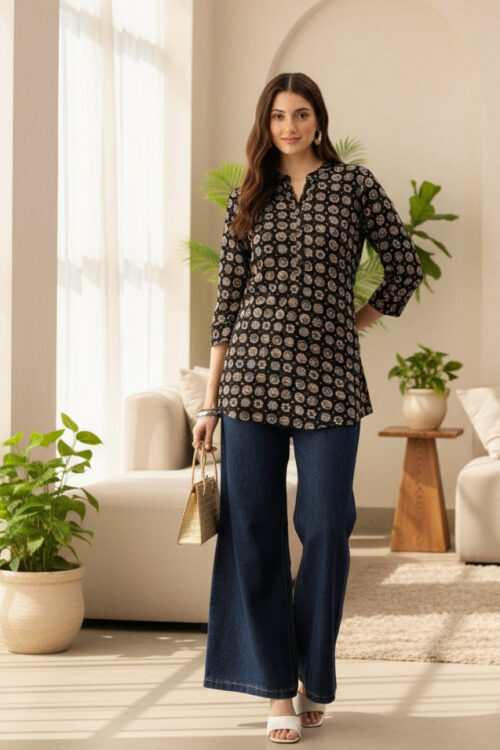 Black Geometric Printed  Collar Tunic