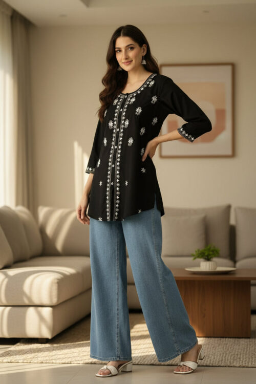 Black Floral Embroidered Ethnic Tunic