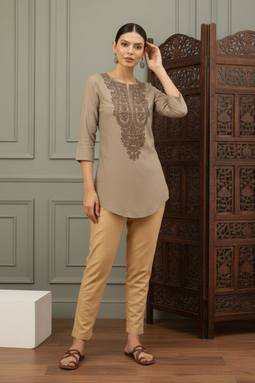 Almond Embroidered Ethnic Tunic with Classic Finish