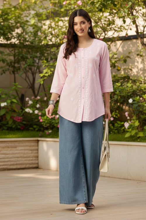Pink Floral Embroidered Traditional Tunic