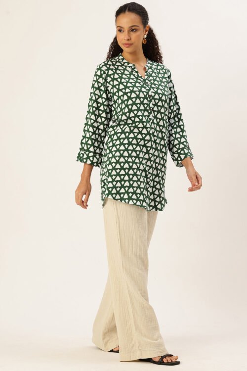 Green Viscose Rayon Printed  Collar Tunic