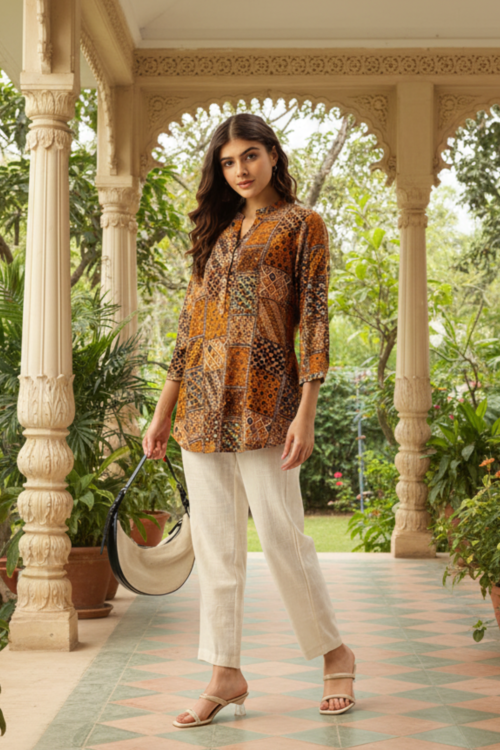 Orange Ethnic Motifs Printed Straight Tunic
