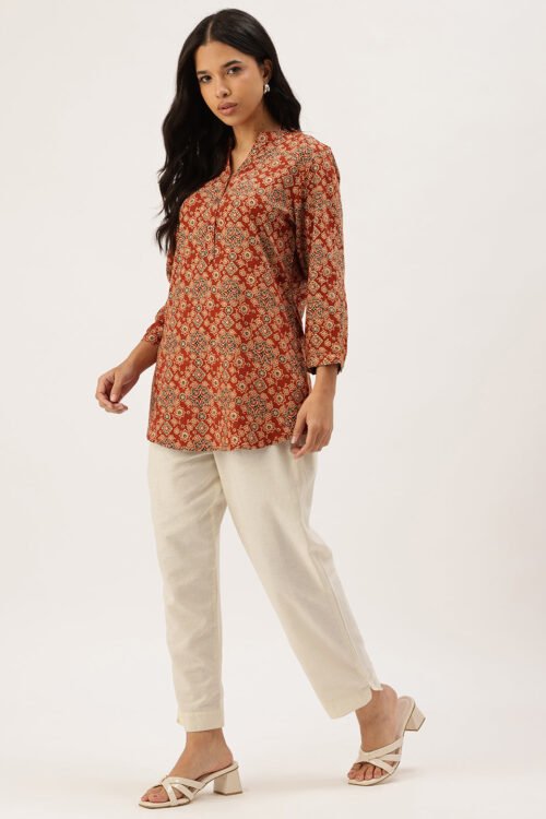 Red Ethnic Printed  Collar Tunic for Daily Wear