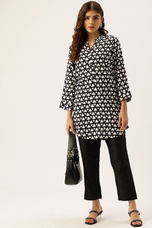 Black Rayon Printed  Collar Casual Tunic