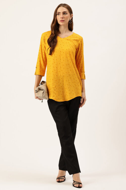 Yellow Geometric Printed V-Neck Tunic with Roll-Up Sleeves