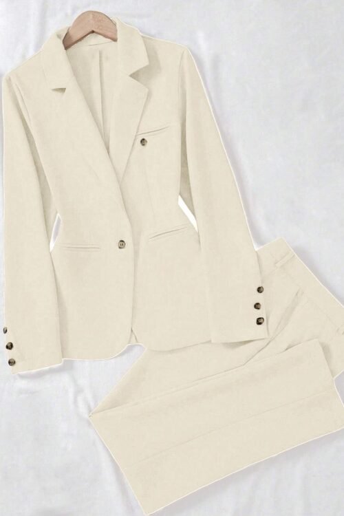 Off White Blazer Pant Suit Set Elegant Formal Office Wear