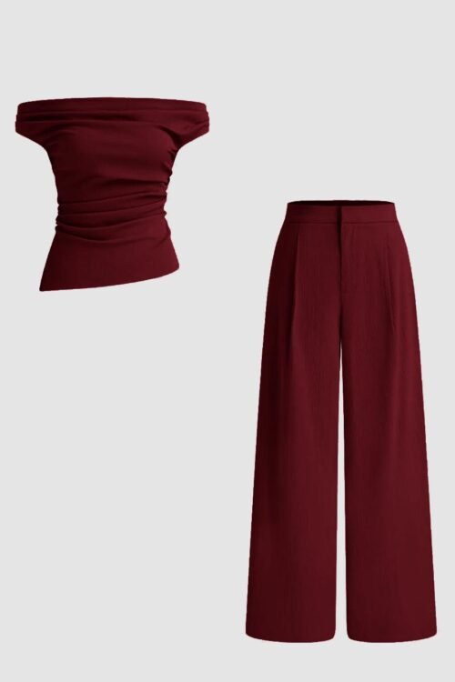 Maroon Off Shoulder Ruched Top Straight Pant Co-Ord Set Stylish Look