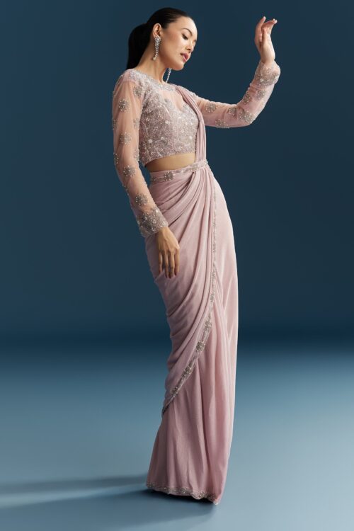 Pink Ready Pleated Saree with Bead & Moti Detailing