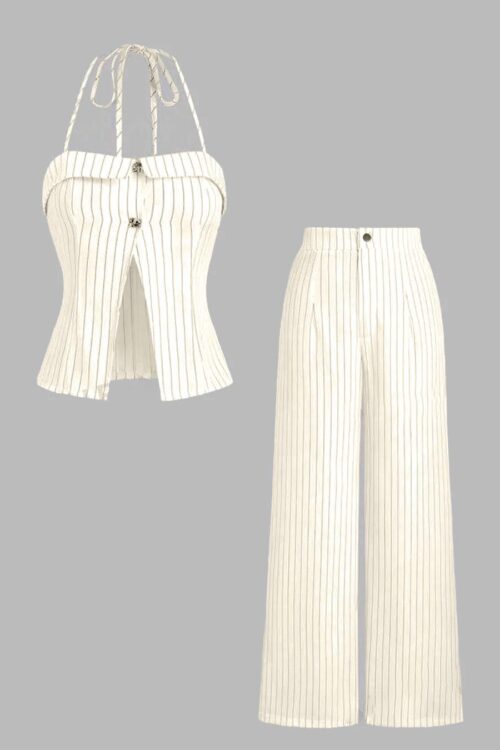 Off White Pinstripe Halter Neck Top Pant Co-Ord Set Smart Look