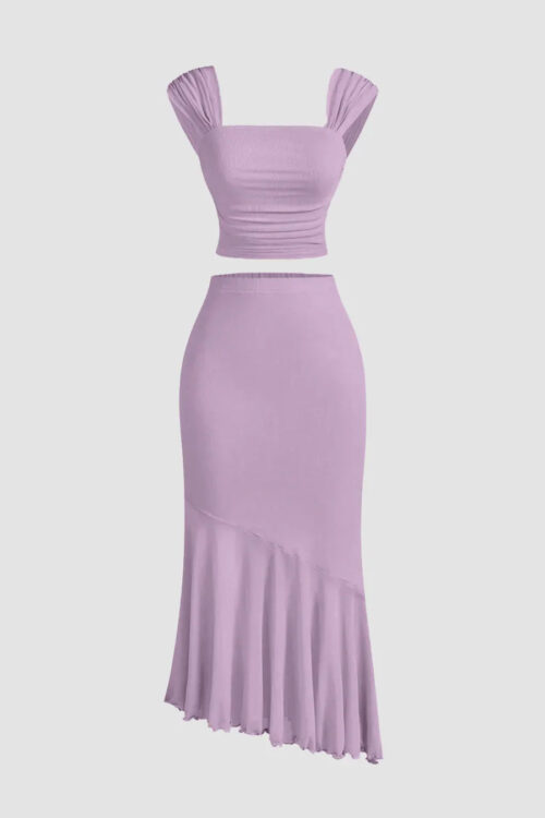 Lilac Ruched Crop Top Asymmetric Skirt Co-Ord Set Trendy Fashion