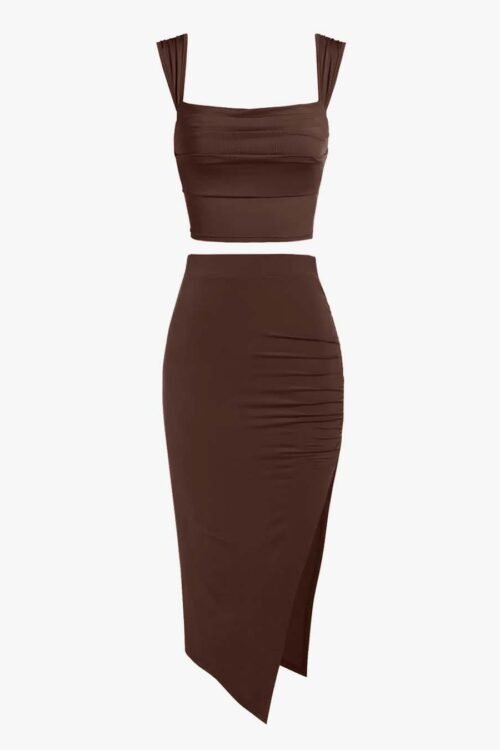 Brown Crop Top High Waist Side Slit Skirt Co-Ord Set Trendy Party Wear