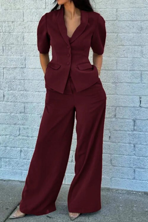 Burgundy Short Sleeve Blazer Trouser Co-Ord Set Formal Stylish Look