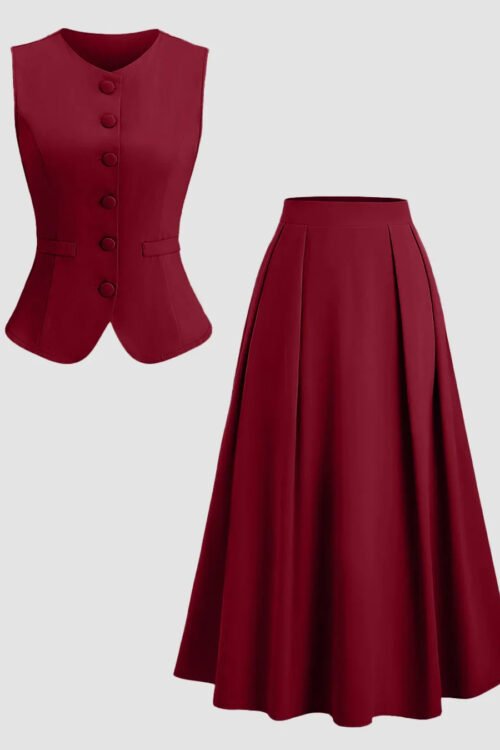 Burgundy Vest Flared Midi Skirt Co-Ord Set Elegant Party Wear