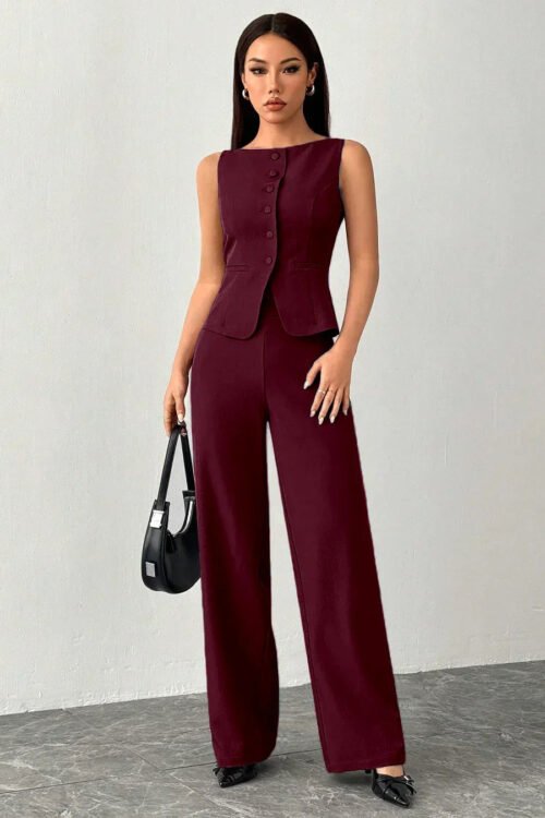 Burgundy Sleeveless Vest Wide Leg Trouser Co-Ord Set Smart Outfit