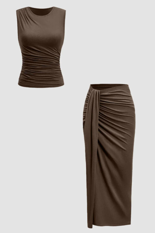 Brown Ruched Top Midi Skirt Co-Ord Set Elegant Stylish Outfit