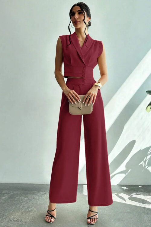 Wrap Crop Top Pleated Wide Leg Trouser Co-Ord Set Trendy Style