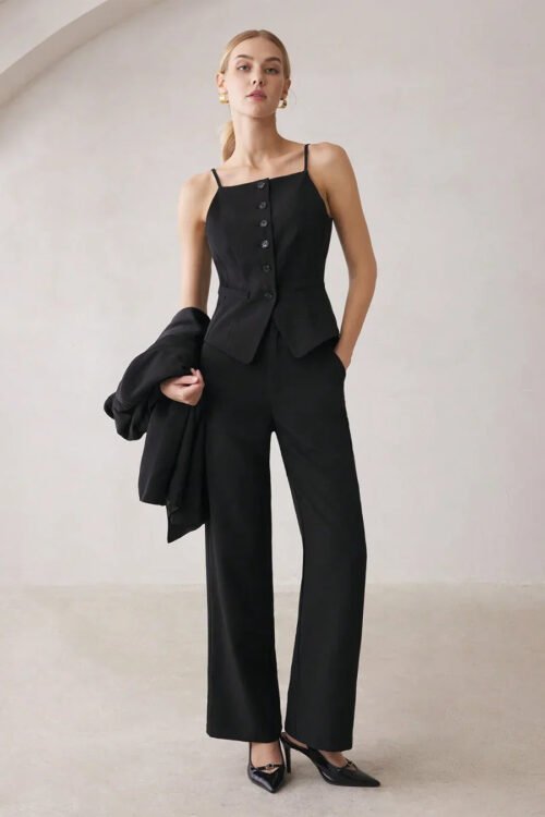 Black Strap Button Top Straight Trouser Co-Ord Set Classic Look