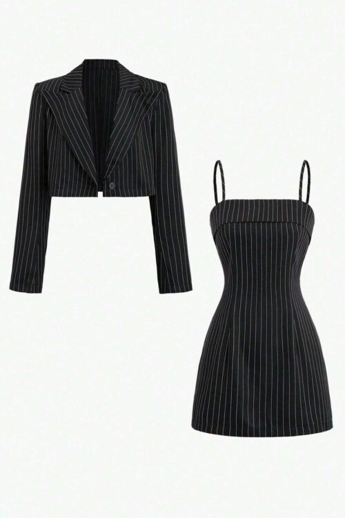 Striped Shirt With Spaghetti Strap Dress Co-Ord Set Trendy Layered Style