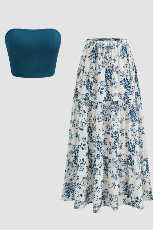 Teal Blue Tube Top Floral Maxi Skirt Co-Ord Set Summer Party Look