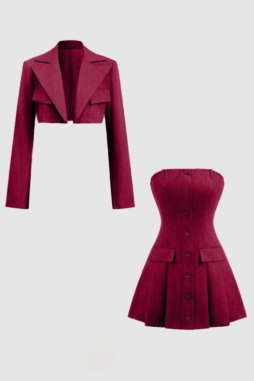 Burgundy Blazer Bustier Dress Two Piece Set Stylish Party Wear