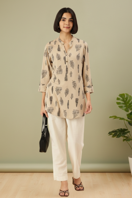 Beige Tropical Printed  Collar Summer Tunic