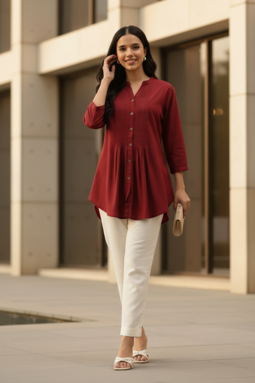 Red  Collar Tunic with Tuck Detailing