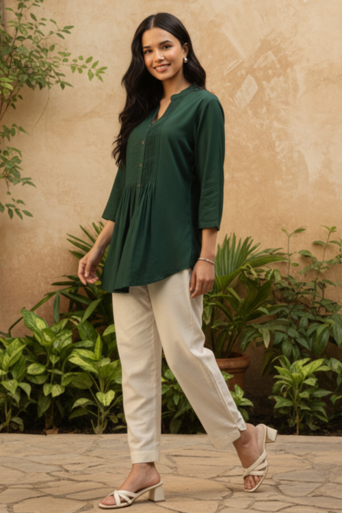 Green  Collar Tunic with Tuck Detailing