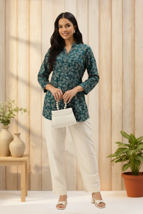 Navy Blue Floral Printed Collar Ethnic Tunic