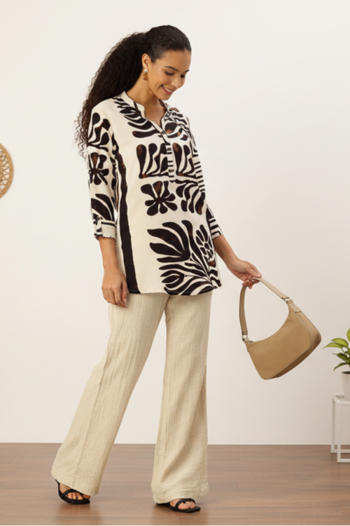Beige Viscose Rayon Printed  Collar Tunic